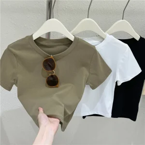 summer cotton high waist o neck crop top t-shirt for women USA