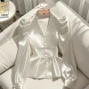 French Elegant Women's Shirt Luxury Waist Cinched White Satin Long Sleeve Shirt for Women Temperament Women's Elegant Blouses