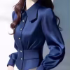French Style Blue Satin Waist Shirt for Women – 2025