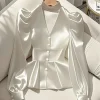 French Elegant Women's Shirt Luxury Waist Cinched White Satin Long Sleeve Shirt for Women Temperament Women's Elegant Blouses