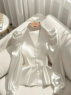 White Satin Long Sleeve Shirt for Women